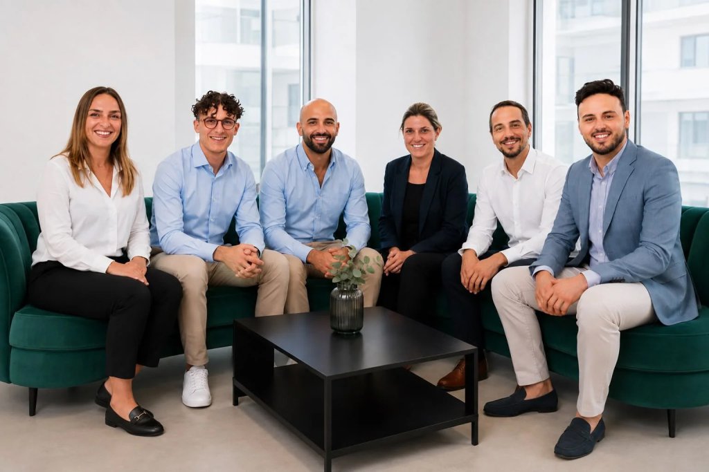Das Team sitzt gemeinsam auf einem grünen Sofa im Besprechungsbereich der Kanzlei